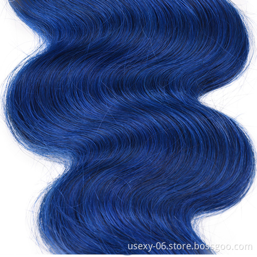 Top Quality Remy Hair Ombre Brazilian Hair Weave Two Tone Color 1B/Blue 4*4 Lace Closure